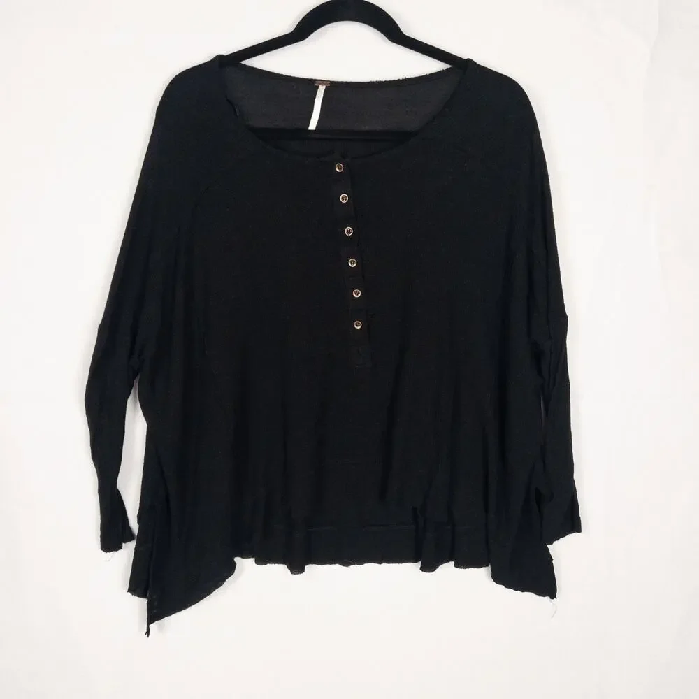 Free People XS Black Oversized Thermal Henley Top Waffle Knit Raw Hem Boho READ
